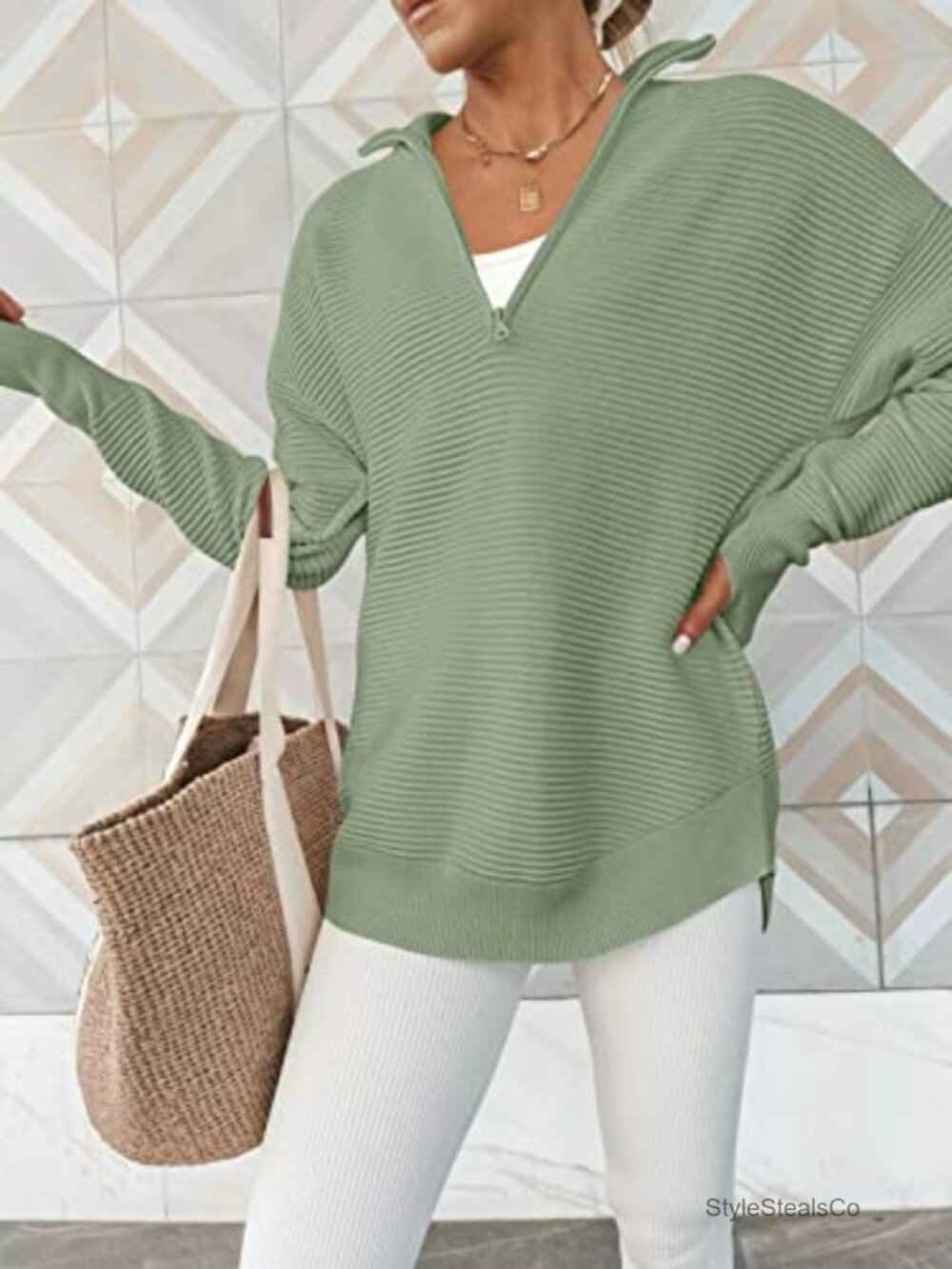 Long Sleeve Quarter Zip Pullover Sweater Casual V Neck Ribbed Knit Thumb Hole - Picture 3 of 7